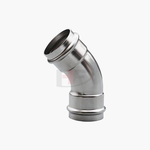 Ruostumattomasta teräksestä valmistettu puristin 45° kyynärpää